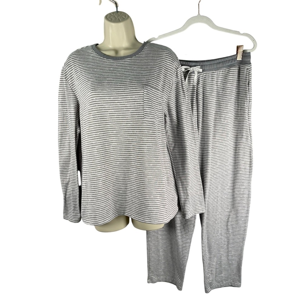 Berkley Jensen Pajamas Womens Medium Gray Striped Knit Pocket Tee Pants Set